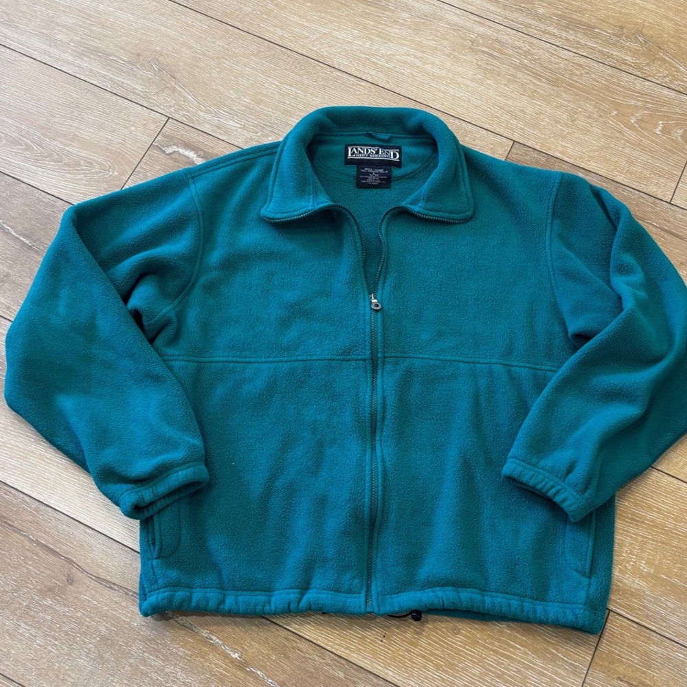 Vintage Lands End Fleece Jacket Mens Tall L Teal Green Full Zip Made in USA